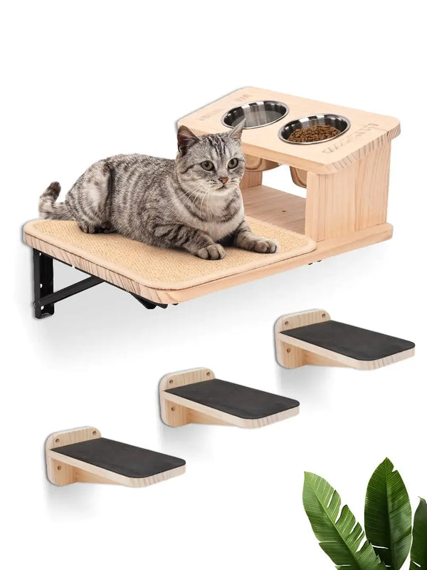 Cat Wall Shelves with Hammock and Feeding Bowls